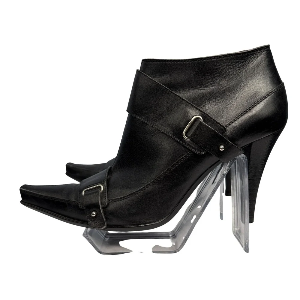 Sergio Rossi Black Leather Pointed Toe Buckle Ankle Boots Heels Size 9 US